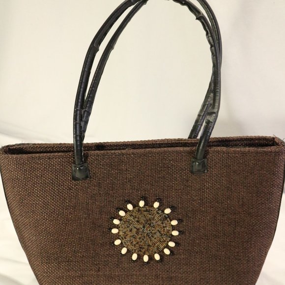WOVEN BEADED BROWN SATCHEL PURSE Os - Picture 3 of 11